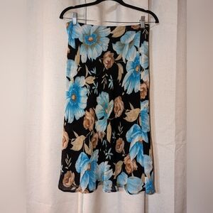 Vintage 90s 2000s Blues, Black And Creams Floral Midi Skirt